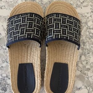 Tory Burch Blue and Cream Sandals with Woven Design